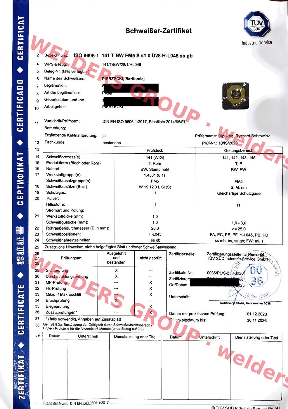 Certyfikat spawalniczy ISO 9606-1 - zakres D28